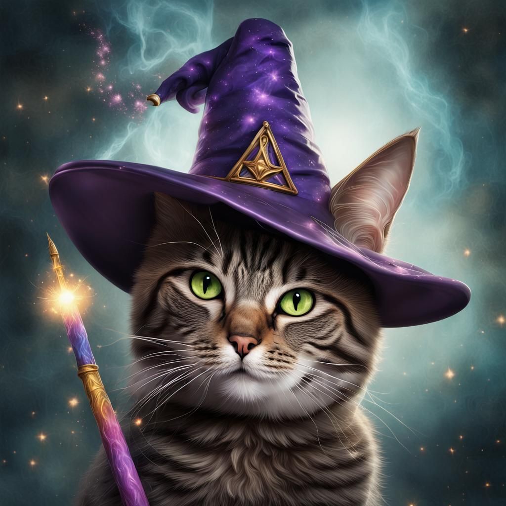 Cat Wizard in Magical Scene: Detailed Matte Painting