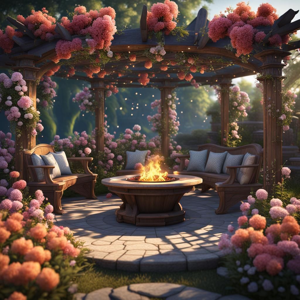Outdoor Pergola Surrounded by Flowers: Matte Painting