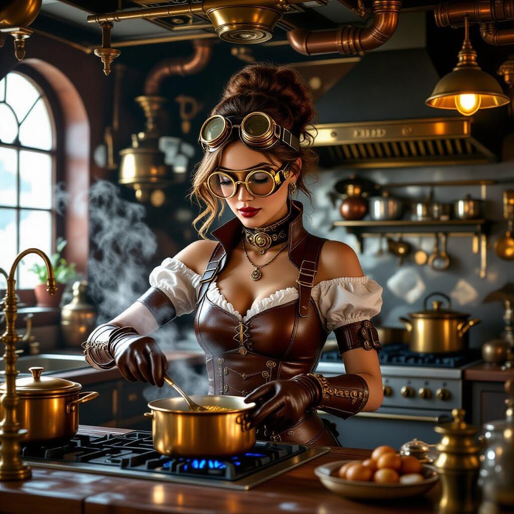 Steampunk-woman cooking