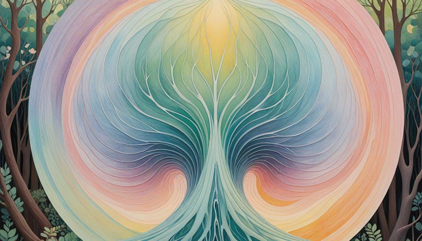 Symmetrical Forest Spirit in Pastel Cosmic Aura