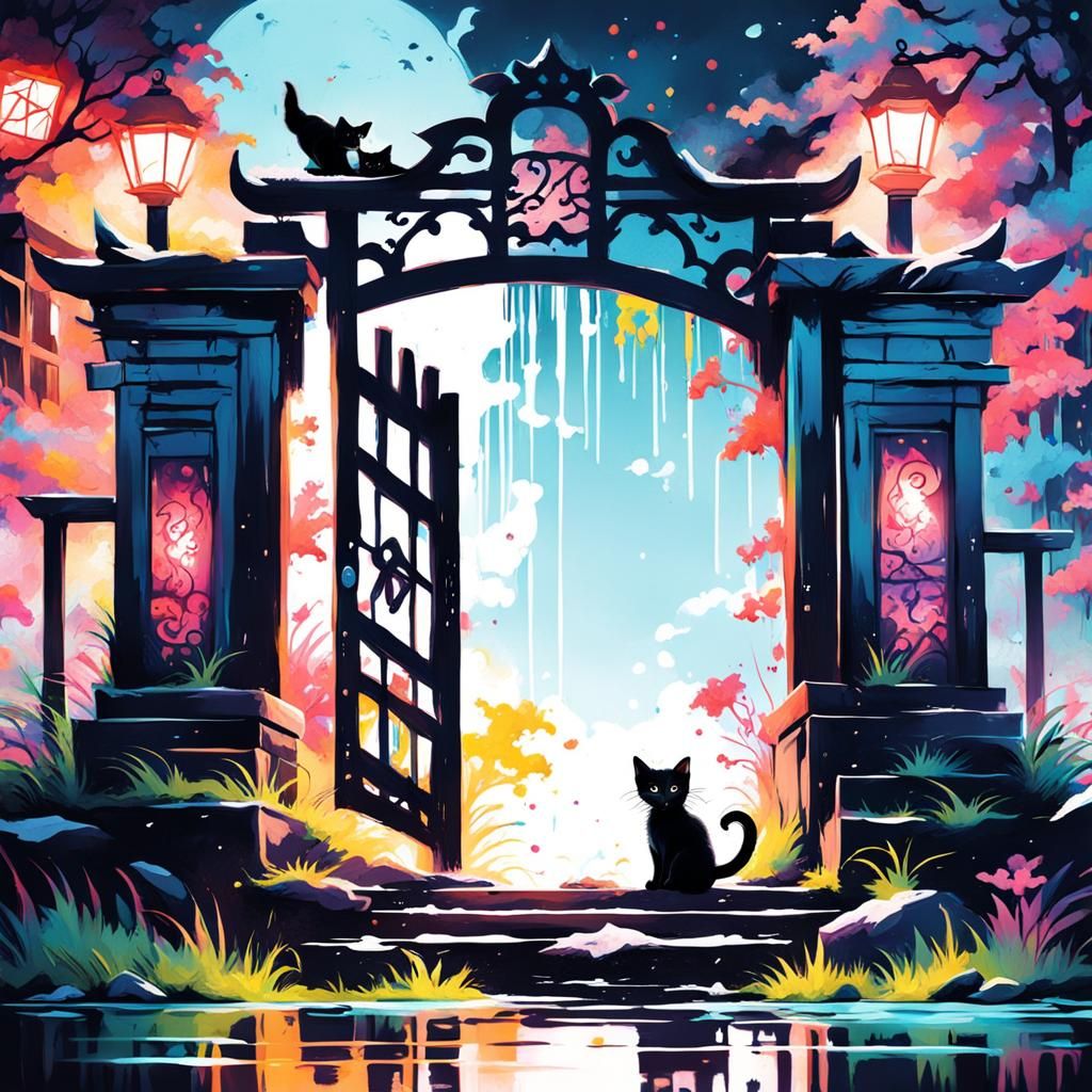 Kitten at Torii Gate in Graffiti Splash Art Style