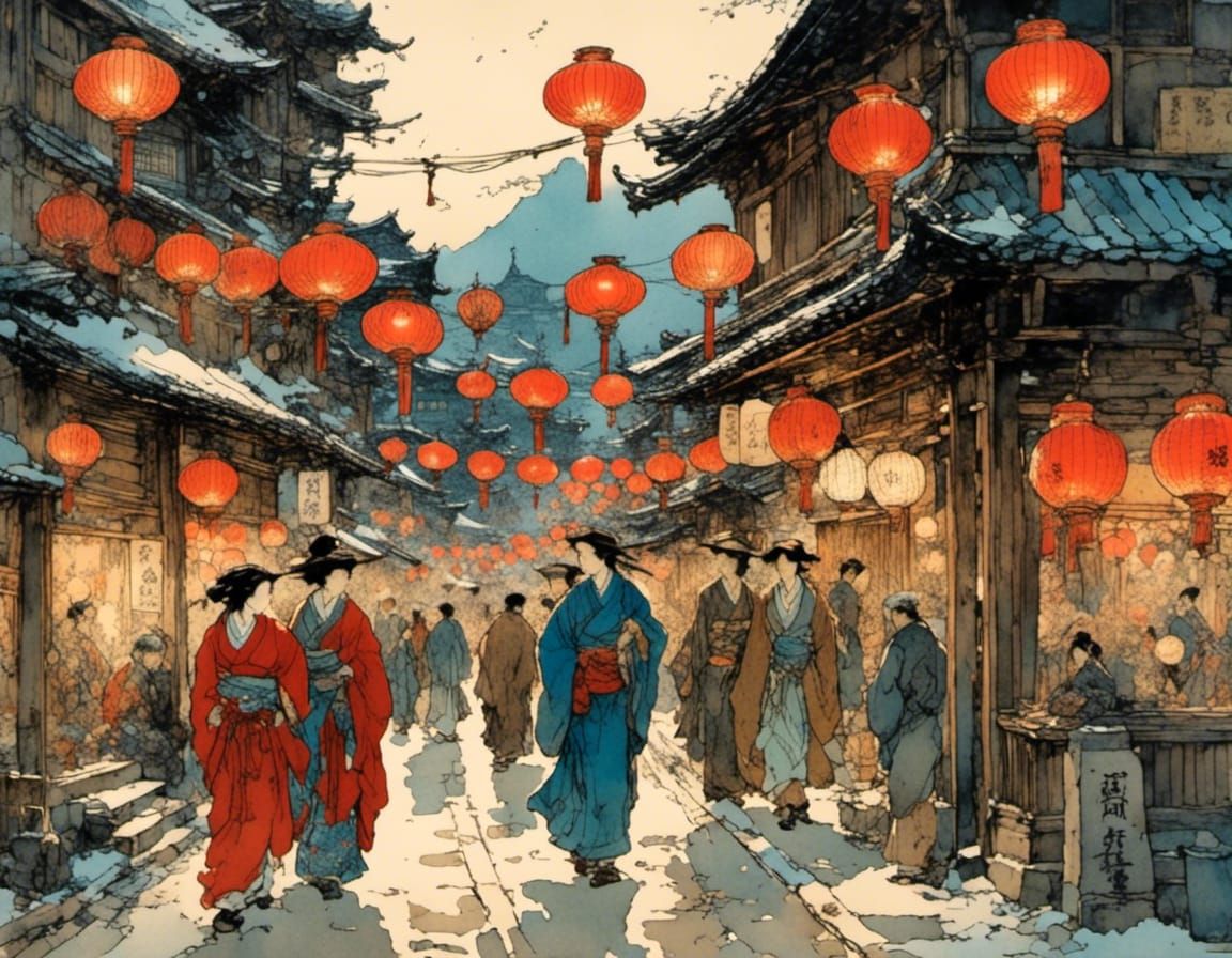 Vibrant Ukiyo-e Street Scene in Old Japan