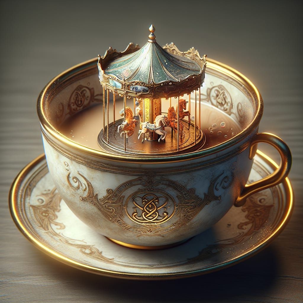 Fantasy Carousel in Antique Teacup, Hyperdetailed Art
