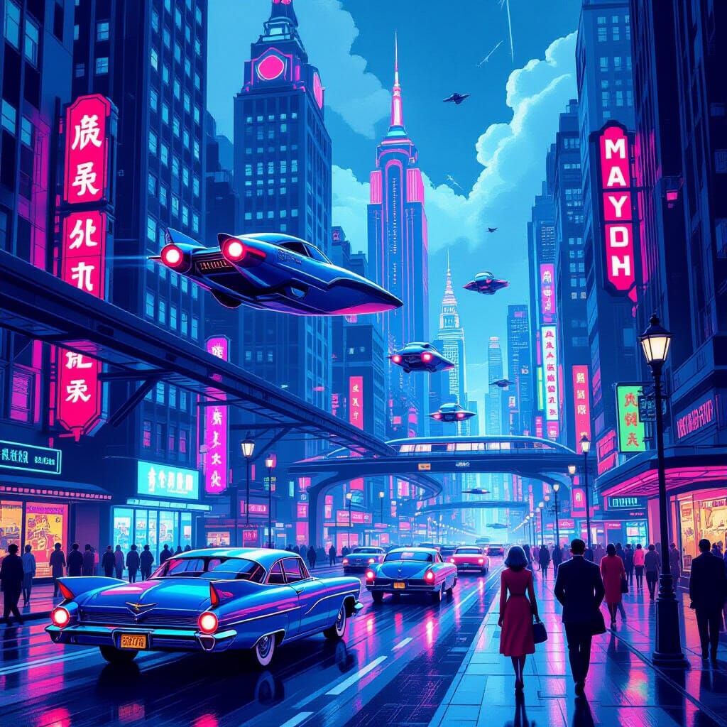 Retro-Futuristic City Street in 1960s Comic Style