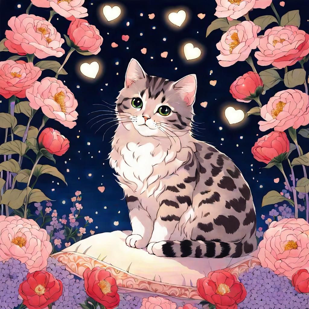 Cute Cat Surrounded by Flowers in Dark Fantasy Art