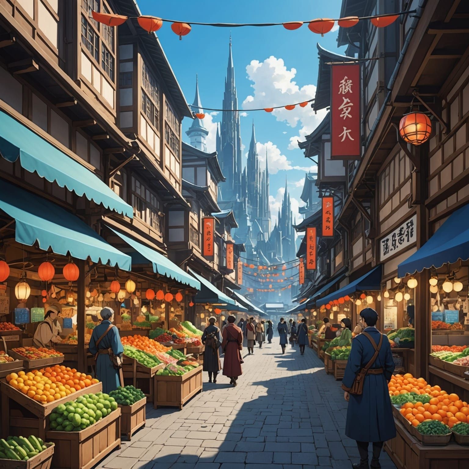 Magnificent Isekai City with Futuristic Open Air Market