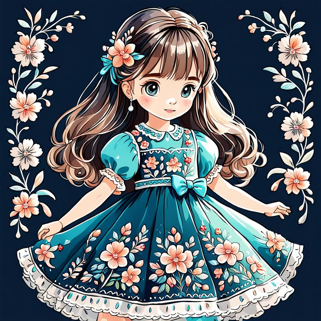 Illustration of a Cute Little Girl in Embroidered Dress