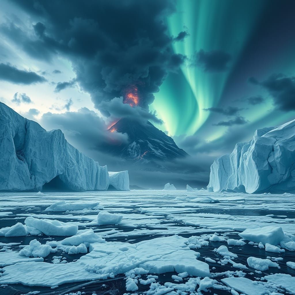 Glowing Aurora Borealis Above Erupting Volcano on Frosty Gla...