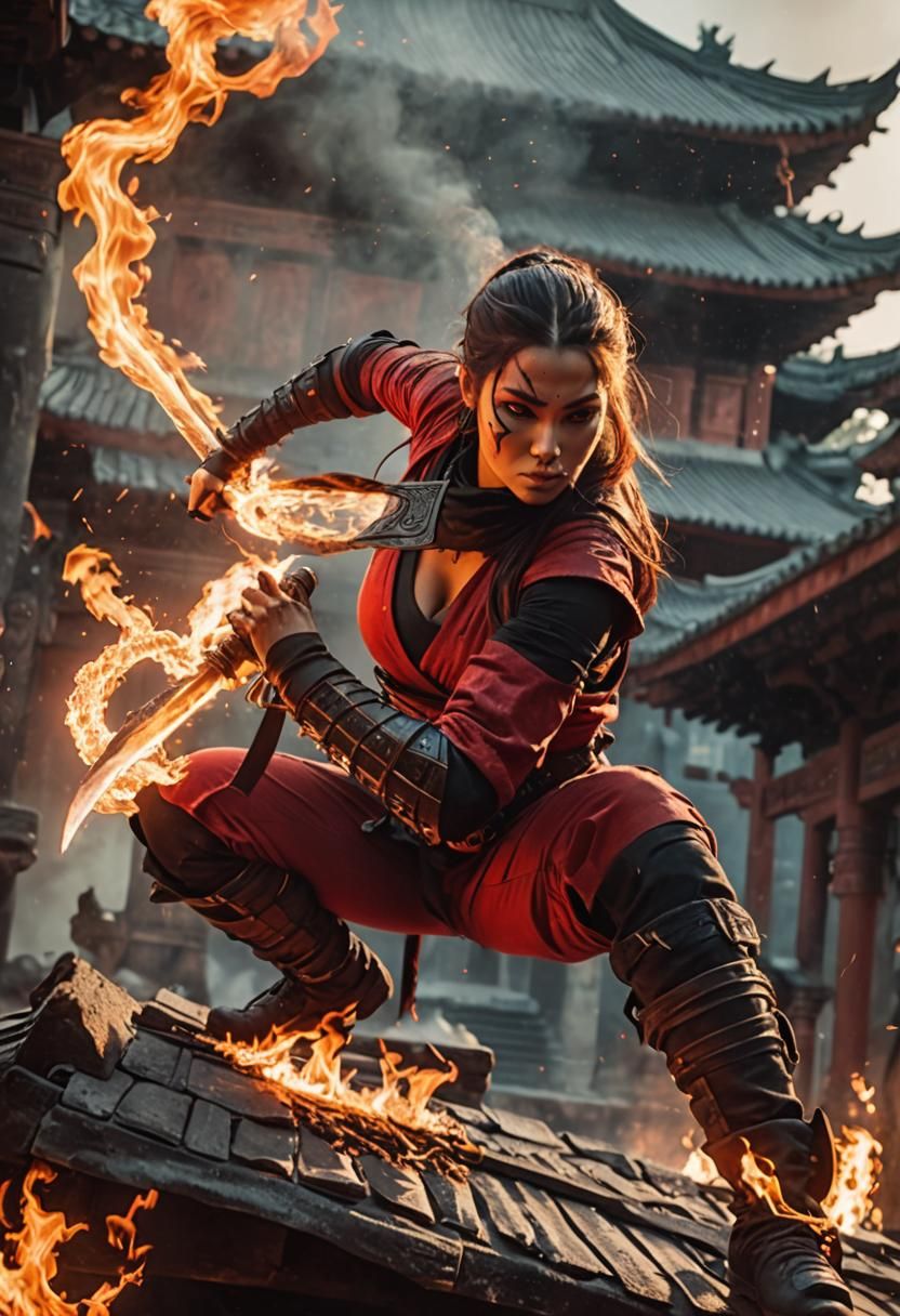 Ninja Woman on Burning Temple Roof