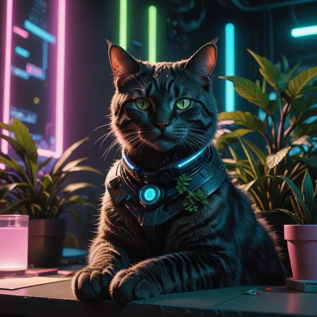 Millennial Cat Relaxing in Cyberpunk Neon Noir Workspace