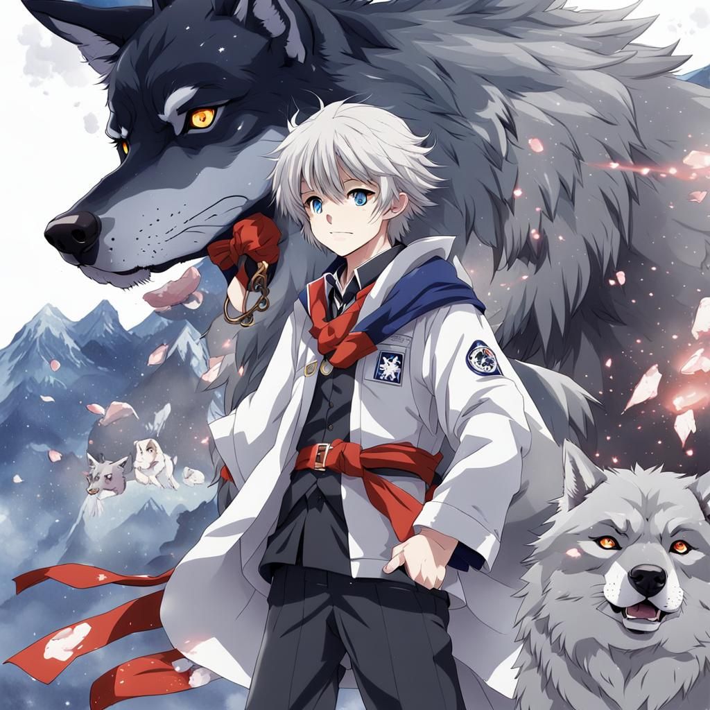 Anime Boy Protecting Girl from Wolf in Manga Style