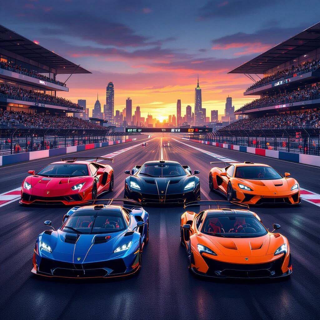 Futuristic Supercars on Neon Racing Track at Sunset