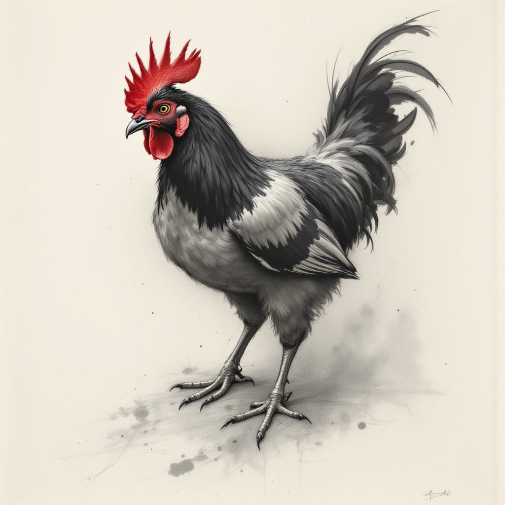 Dramatic Rooster in Charcoal Sketch