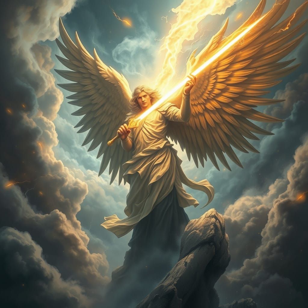 Majestic Angel Wields Radiant Lightning Sword