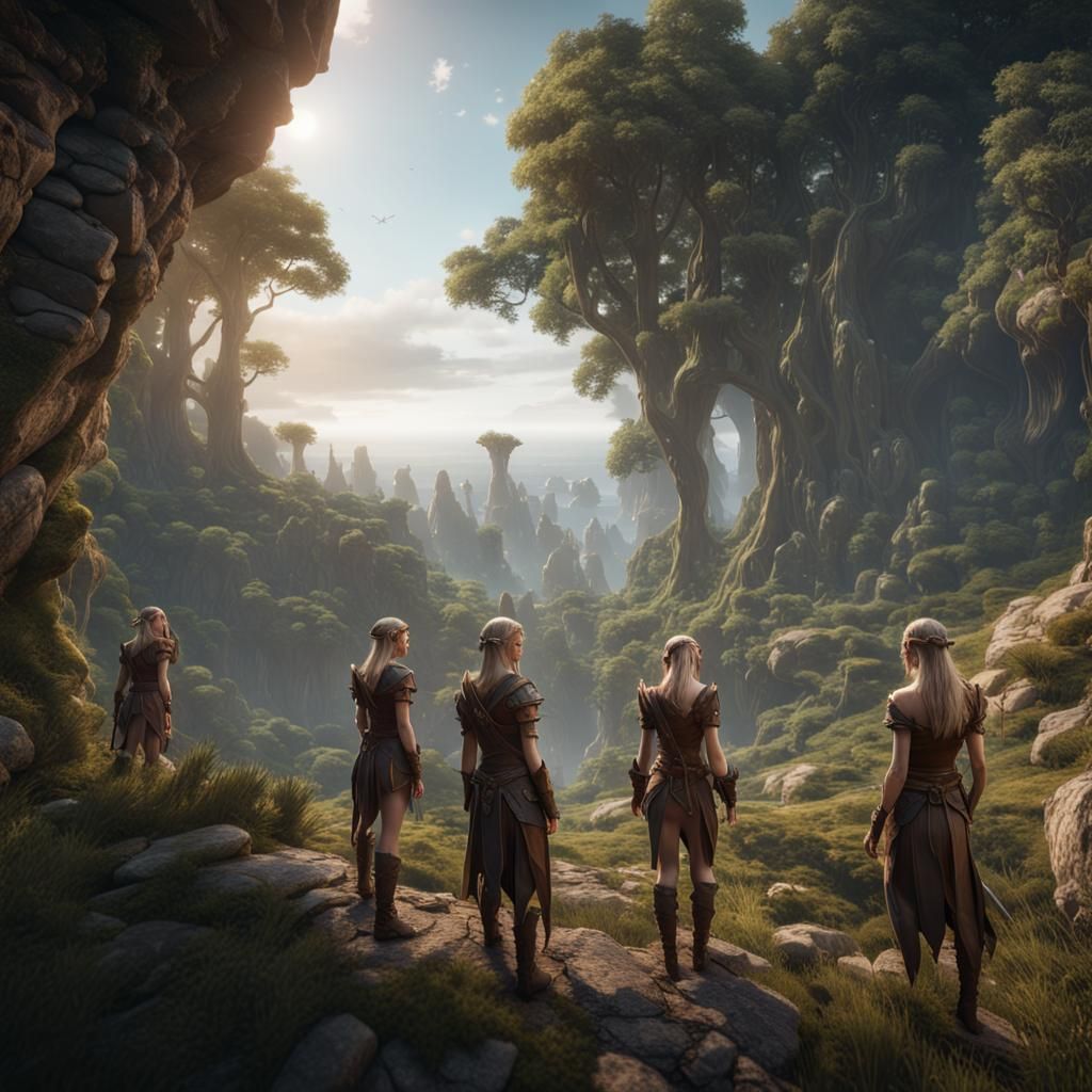 Elves and Fae Observe Early Humans: 3D Game Render