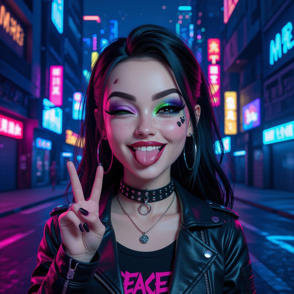 Cheeky Emo Girl Winks in Futuristic Cyberpunk City