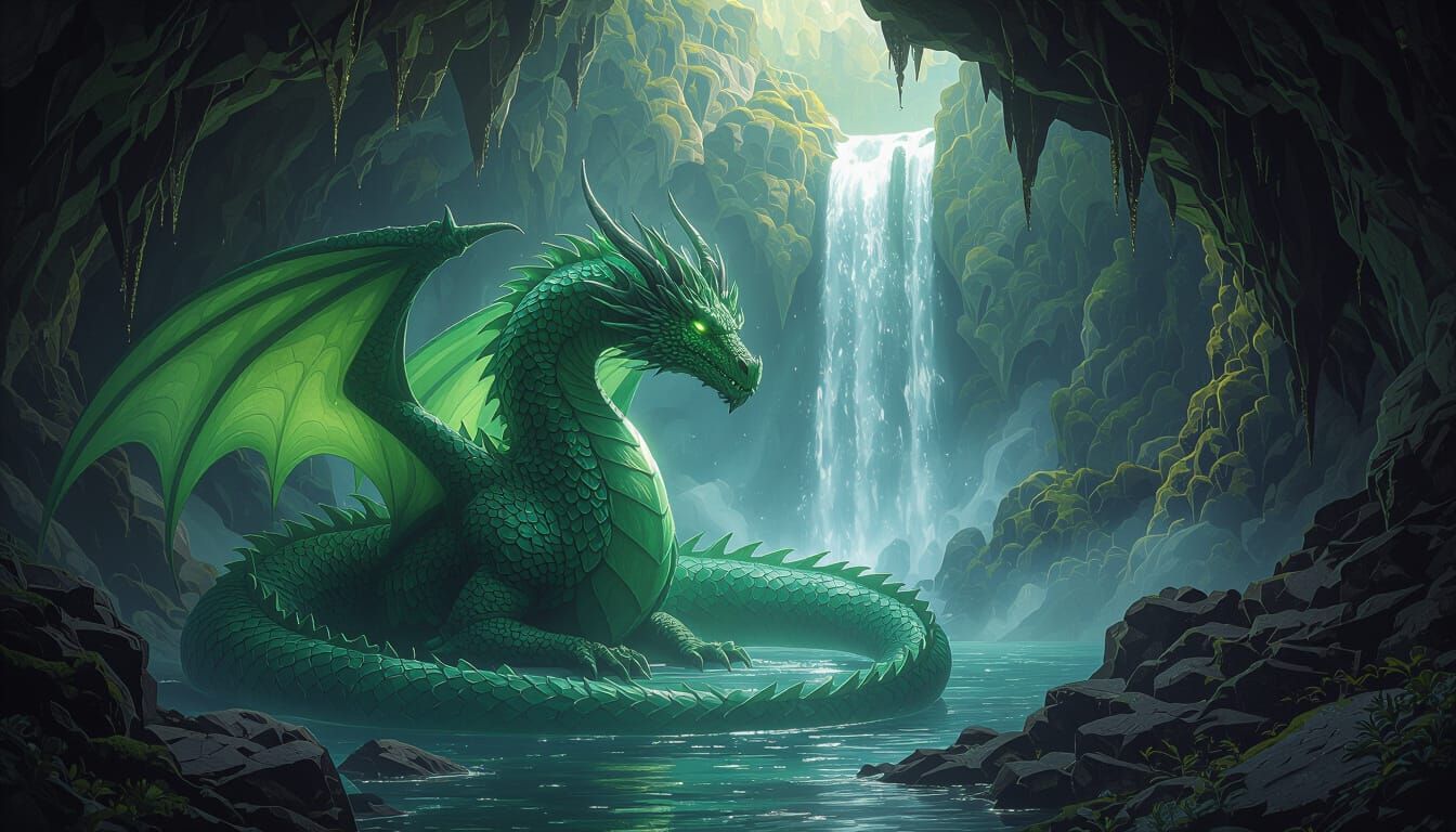 Majestic Dragon Rests in Glowing Cavern