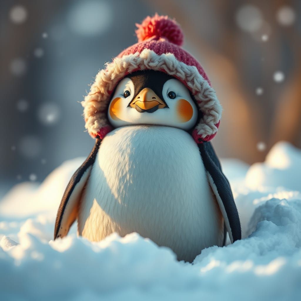 Whimsical Fuzzy Penguin Smiles on Snowy Landscape in Fantasy...