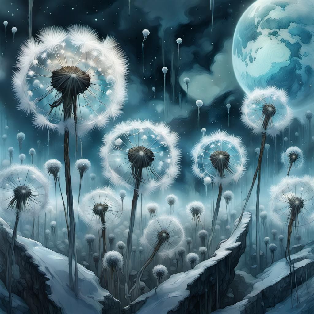 Iced Dandelions Descending in a Dreamy Sky
