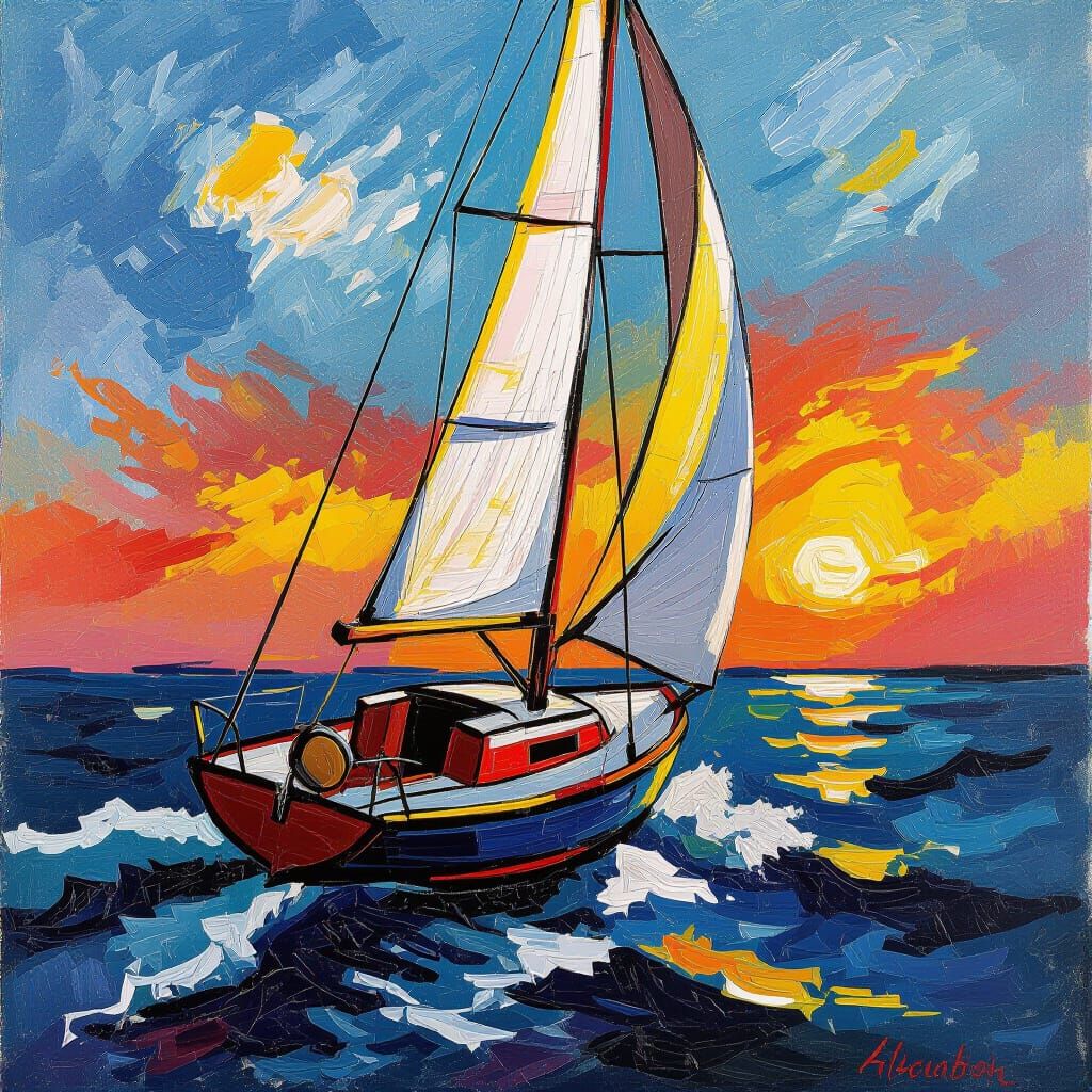 Aggressive Oil Pastel Sailboat with Thick Impasto Strokes