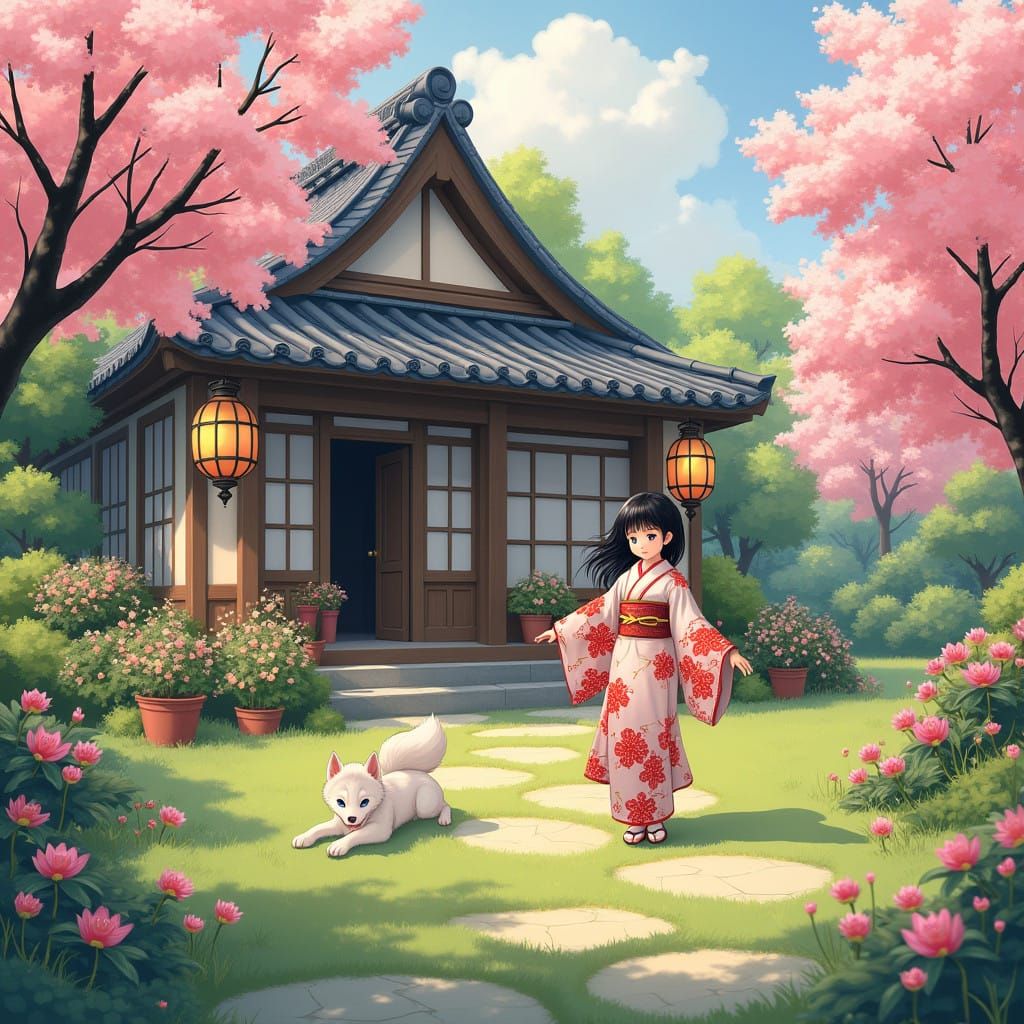 Traditional Japanese Garden Scene with Cherry Blossoms and H...