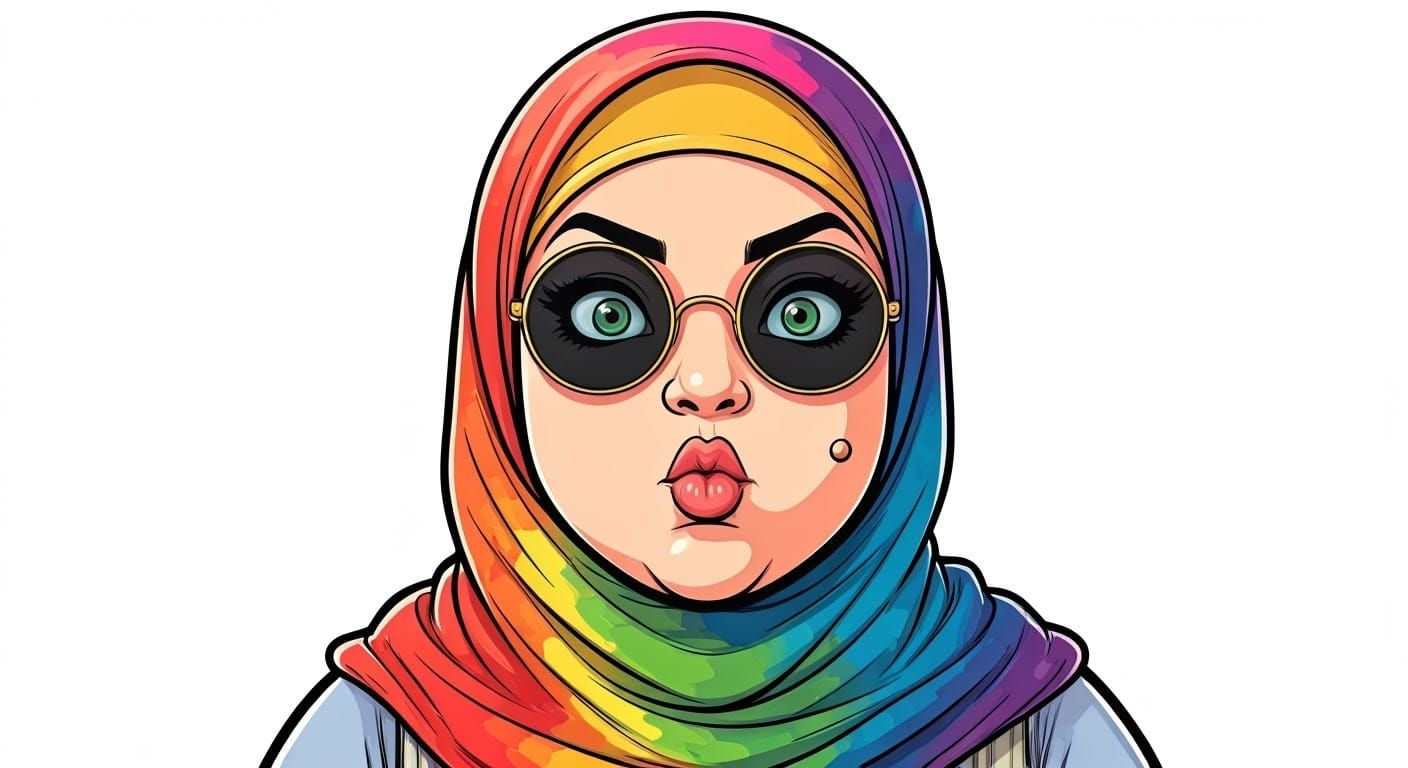 Vibrant Anime Woman with Rainbow Hijab and Exaggerated Featu...