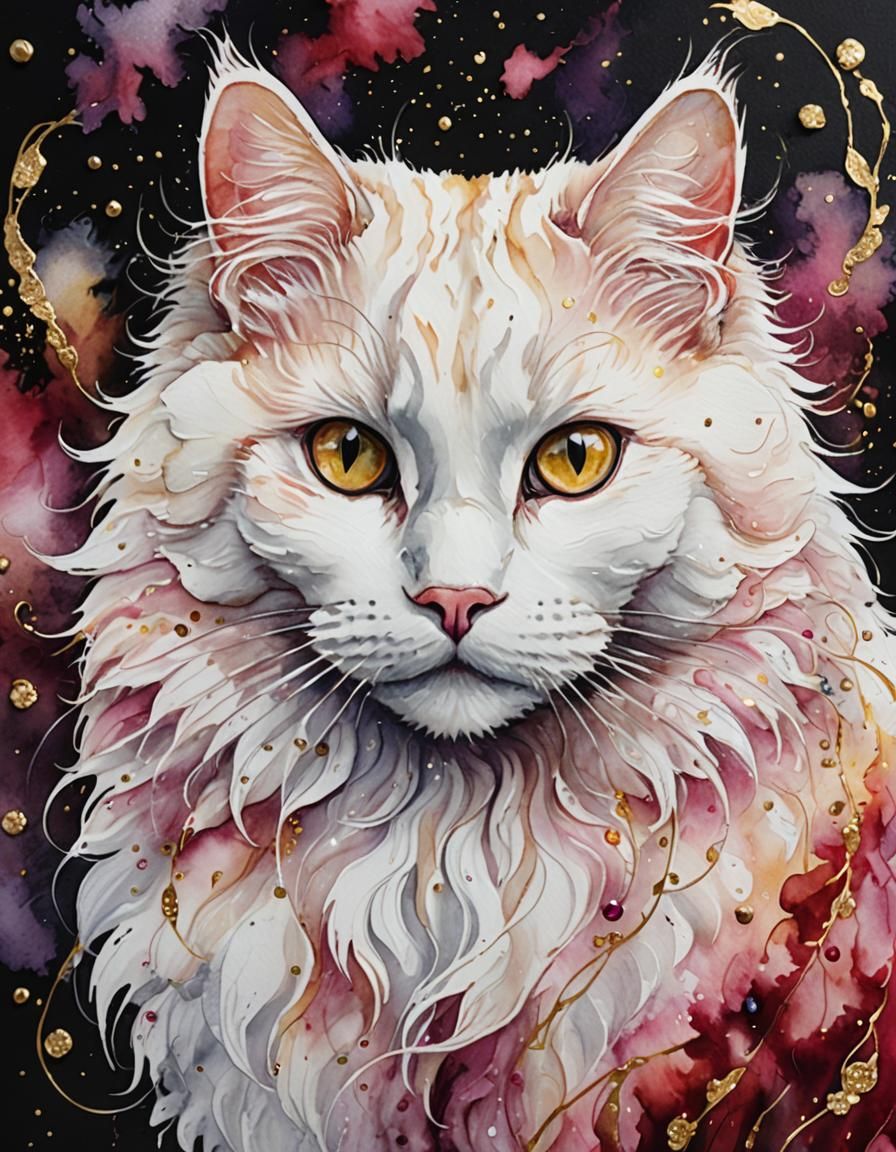 Ethereal Watercolor Cat Portrait in Art Nouveau Style