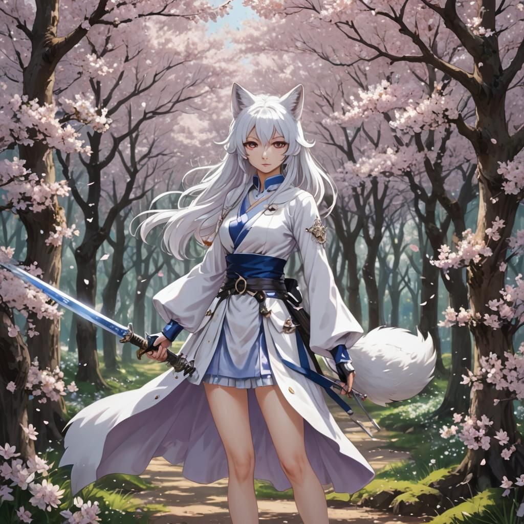 Anime Fox-Woman with Rapier in Cherry Blossom Forest