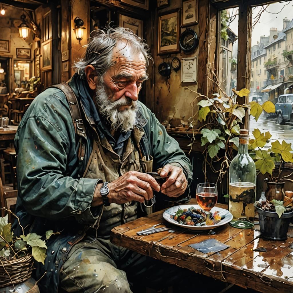 French Fisherman at Bistro: Watercolor Masterpiece