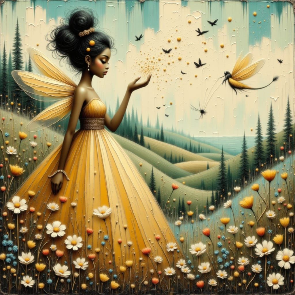 Pollen Fairy Sprinkling Gold Dust on Flowers