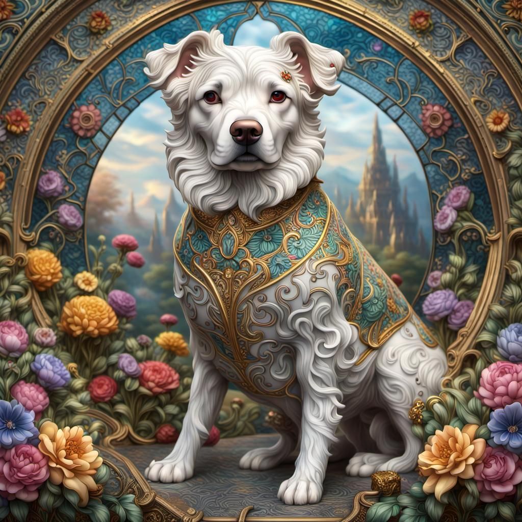 Porcelain Dog with Floral Designs in Garden