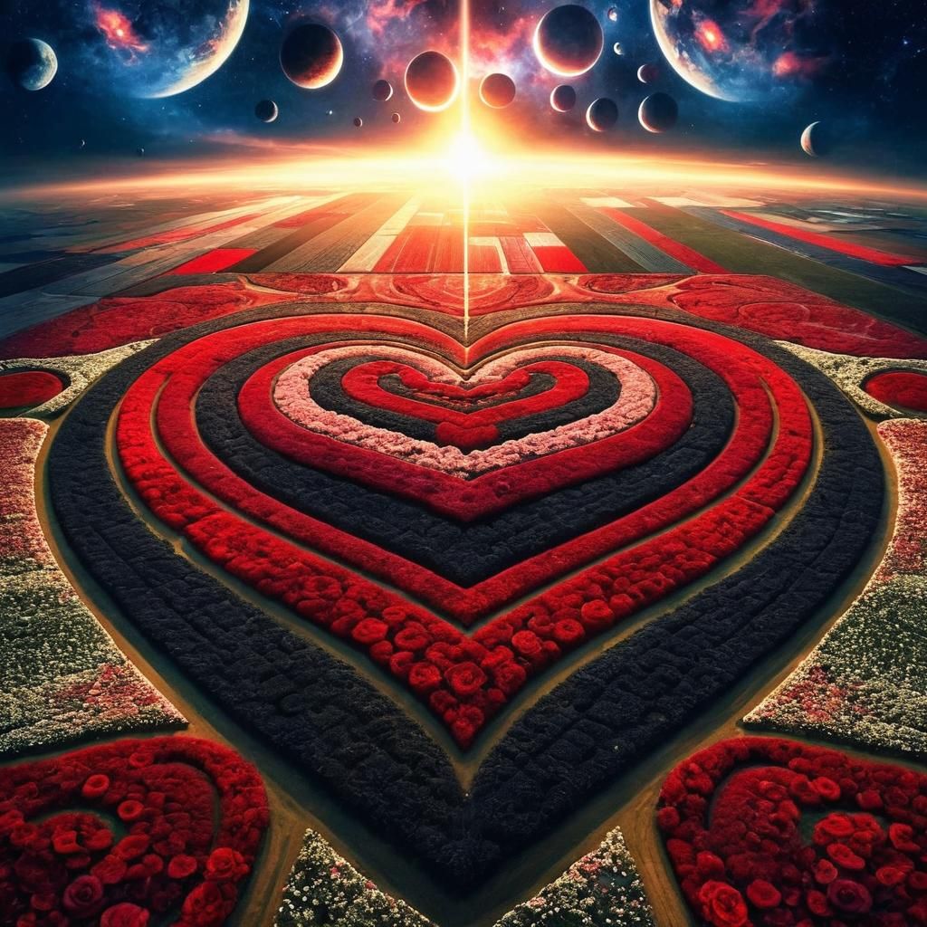 Gigantic Heart-Shaped Rose Field Under Celestial Light