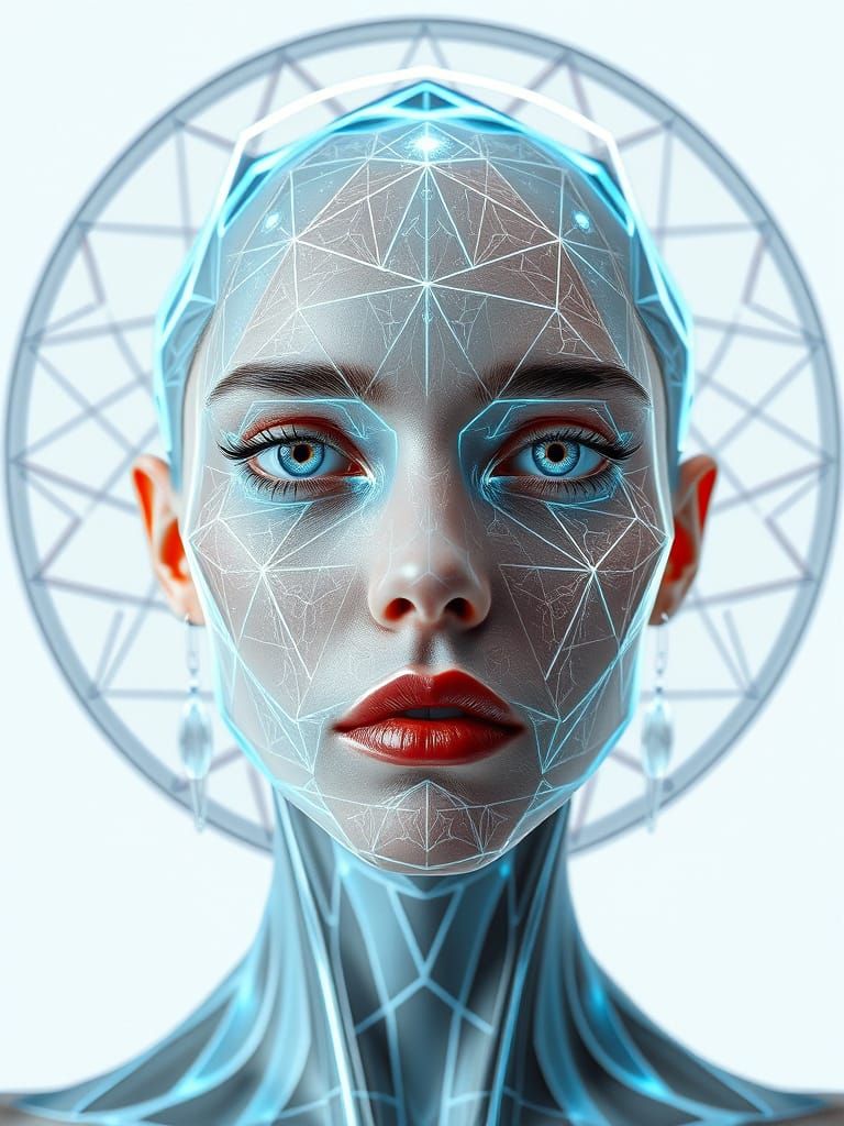 Glass Albino Model with Sacred Geometry and Neon Halo