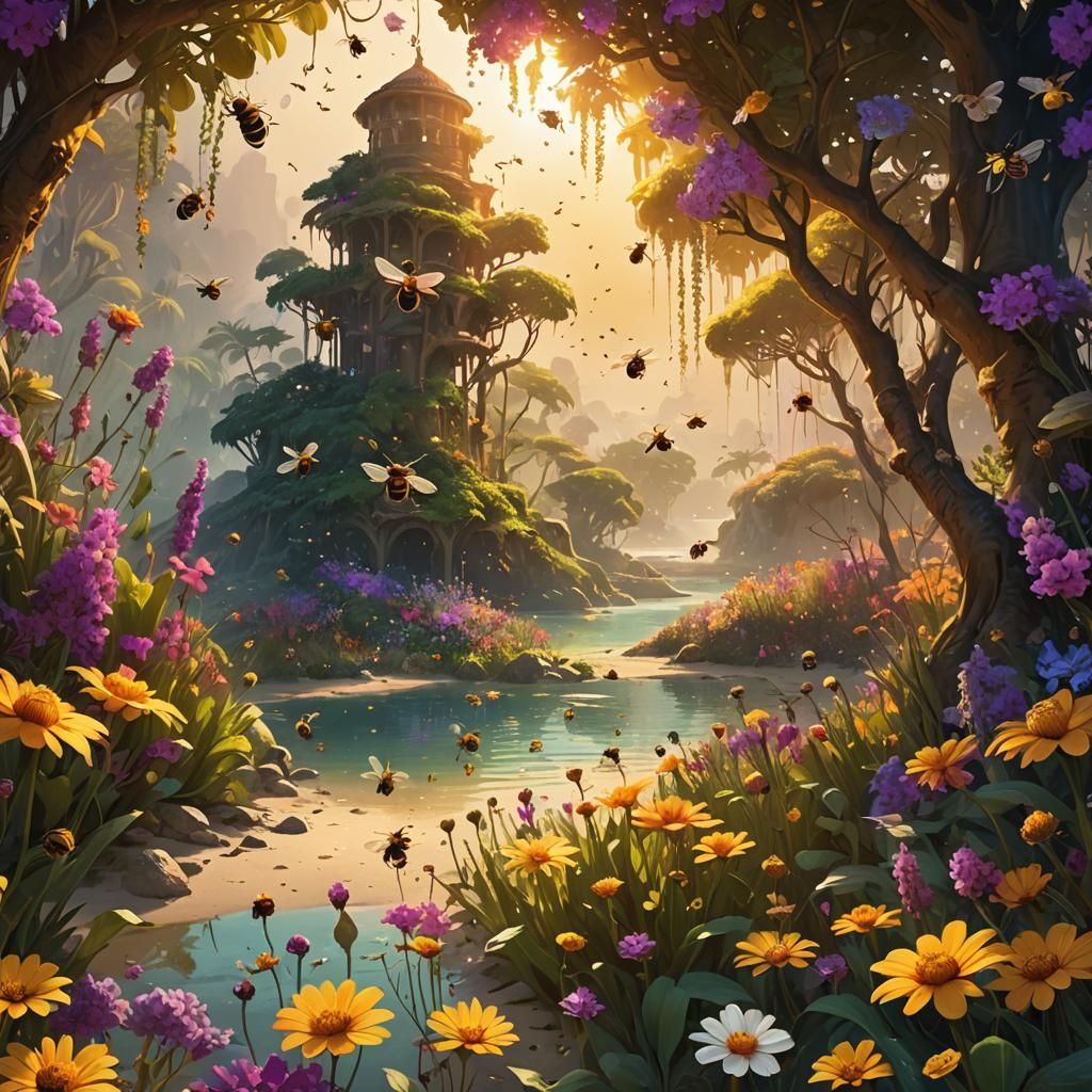 Bees Swarming a Lush Oasis: Fantasy Concept Art