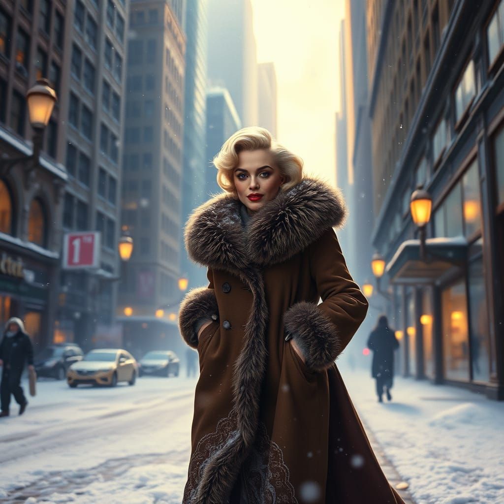 Elegant Marilyn Monroe in Snowy New York City, in Dark Fanta...