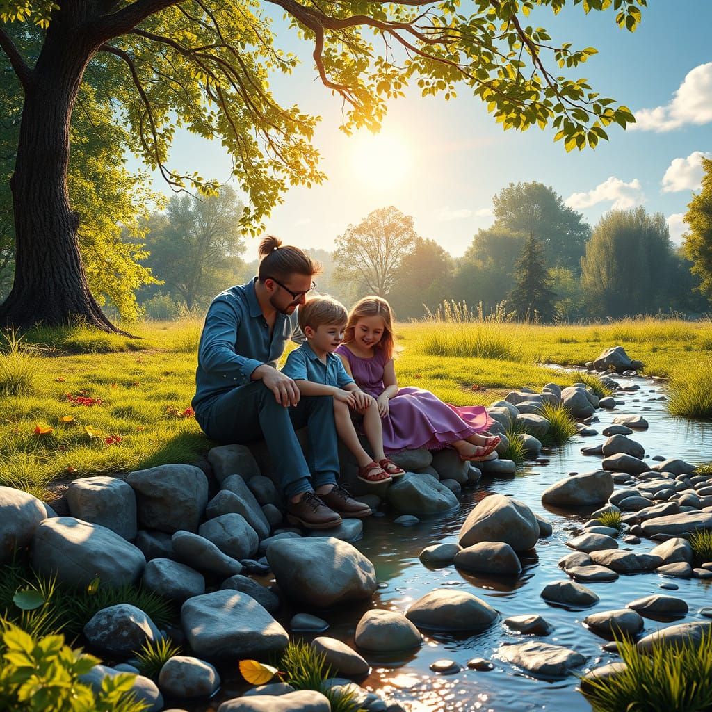 Idyllic Summer Family Moment in Vibrant Park Setting