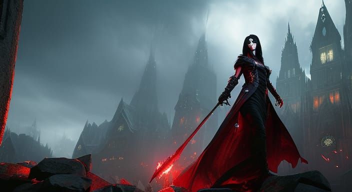 Blood Covered Vampire Baroness in Dark Fantasy Style