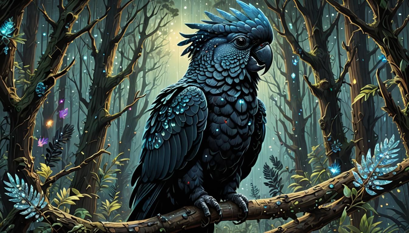 Bioluminescent Cockatoo Spirit Animal in Crystal Forest
