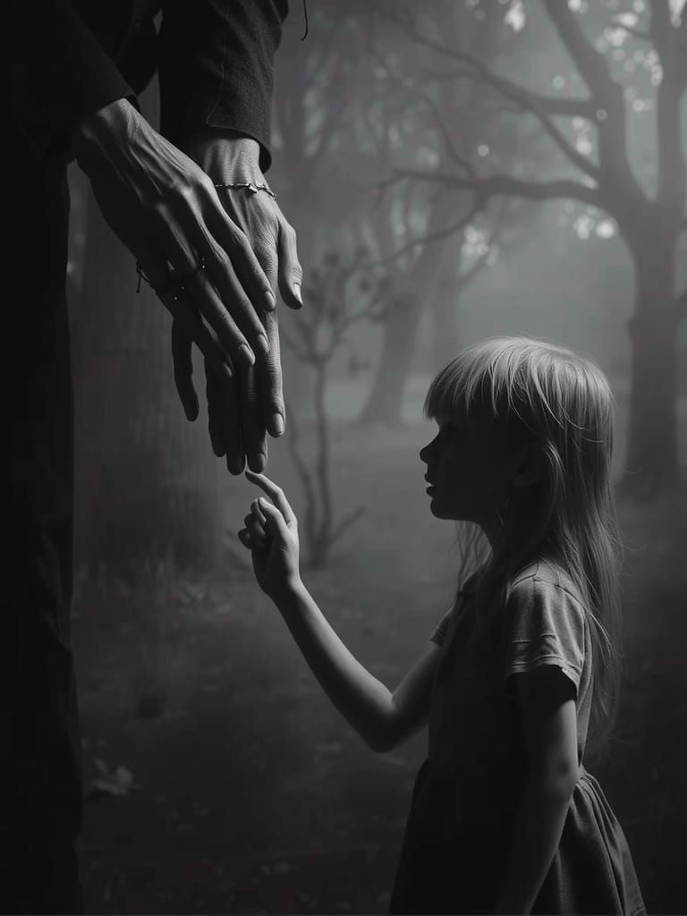 Slenderman holds a little girl's hand