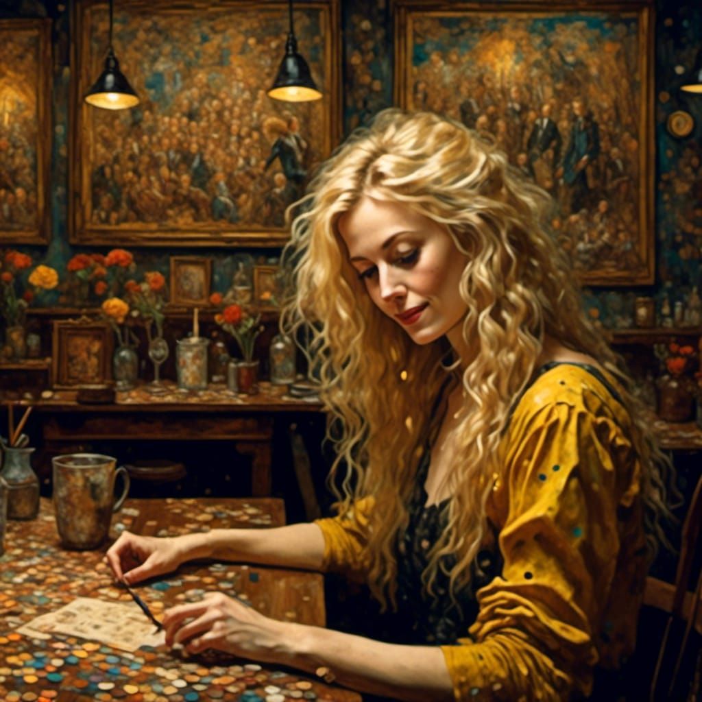 Woman Creating Art in Klimt-Lautrec Style