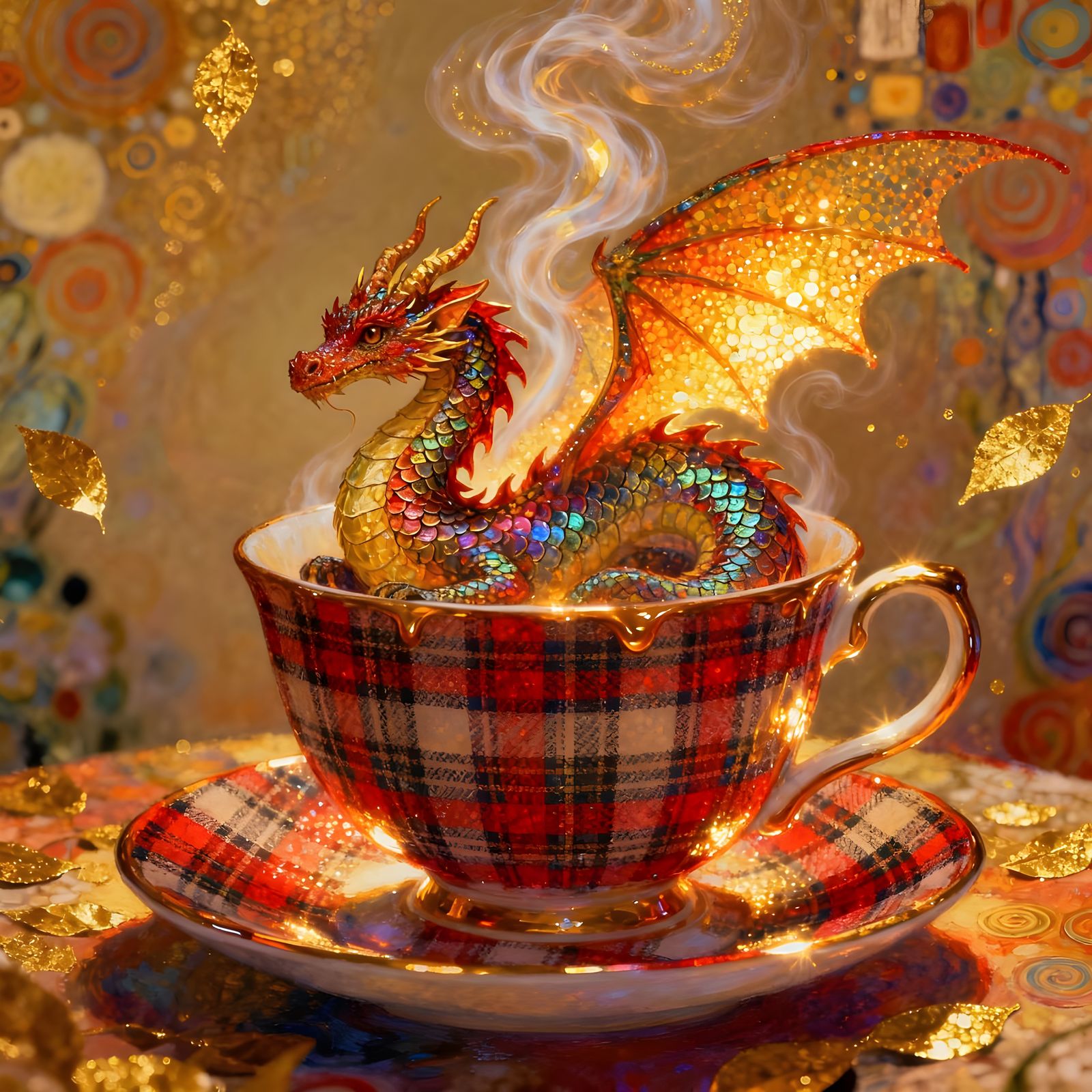 Whimsical Plaid Dragon in Teacup, Surreal Masterpiece