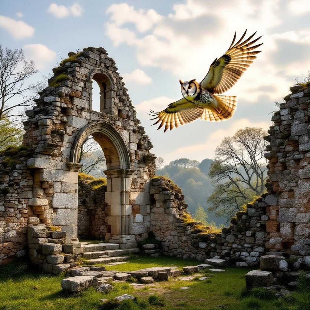 Ethereal Owl Over Ancient Stone Ruins