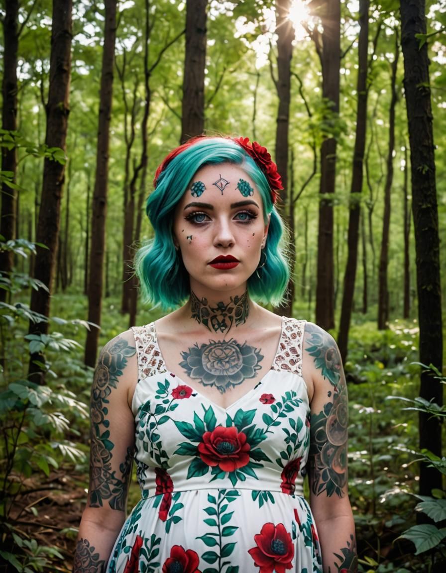 Pregnant Woman with Colorful Hair in Forest