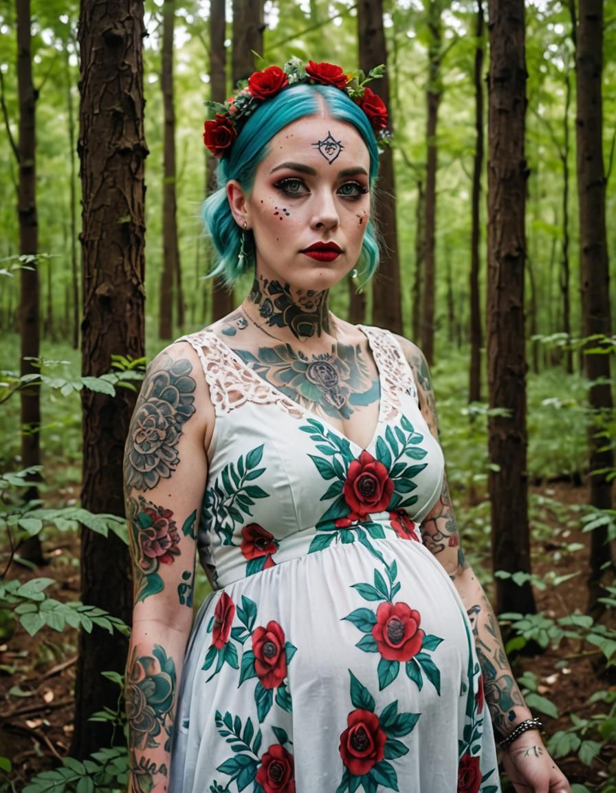 Pregnant Woman with Tattoos in Forest