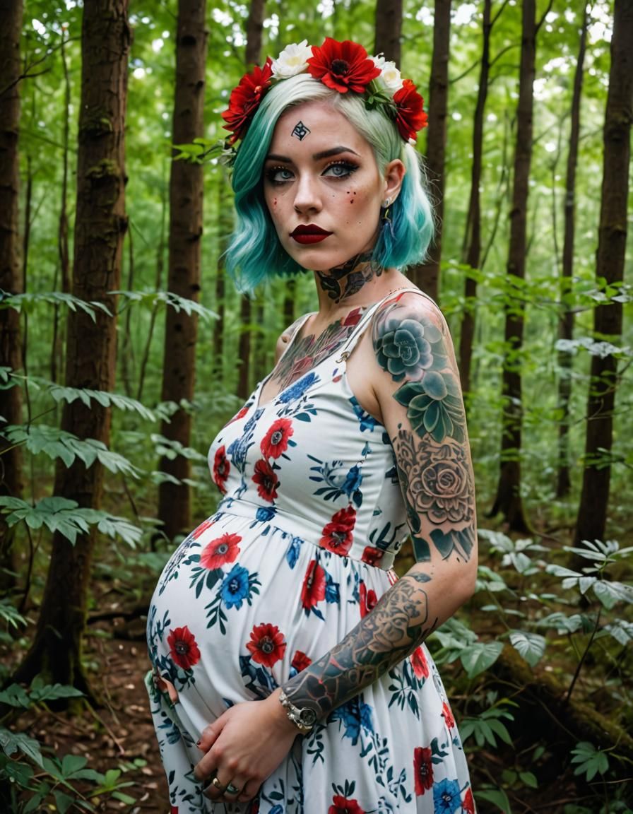 Pregnant Woman with Colorful Hair in Forest