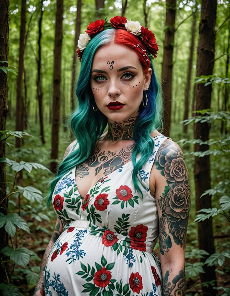 Pregnant Woman with Tattoos in Forest