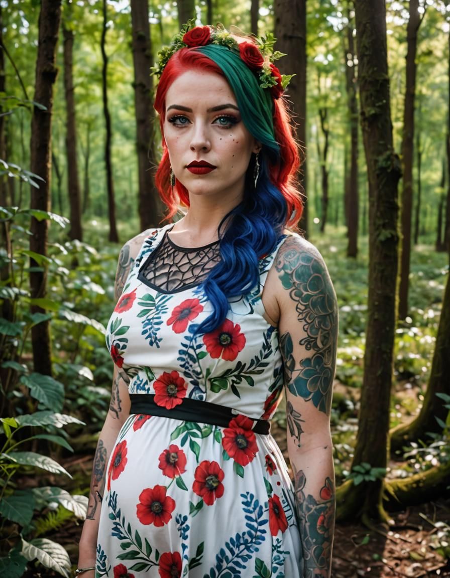 Pregnant Woman with Tattoos in Forest
