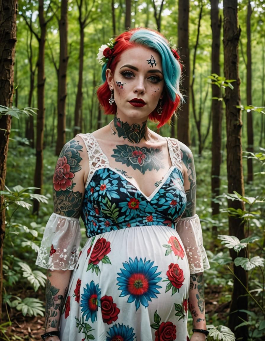 Pregnant Woman with Tattoos in Forest