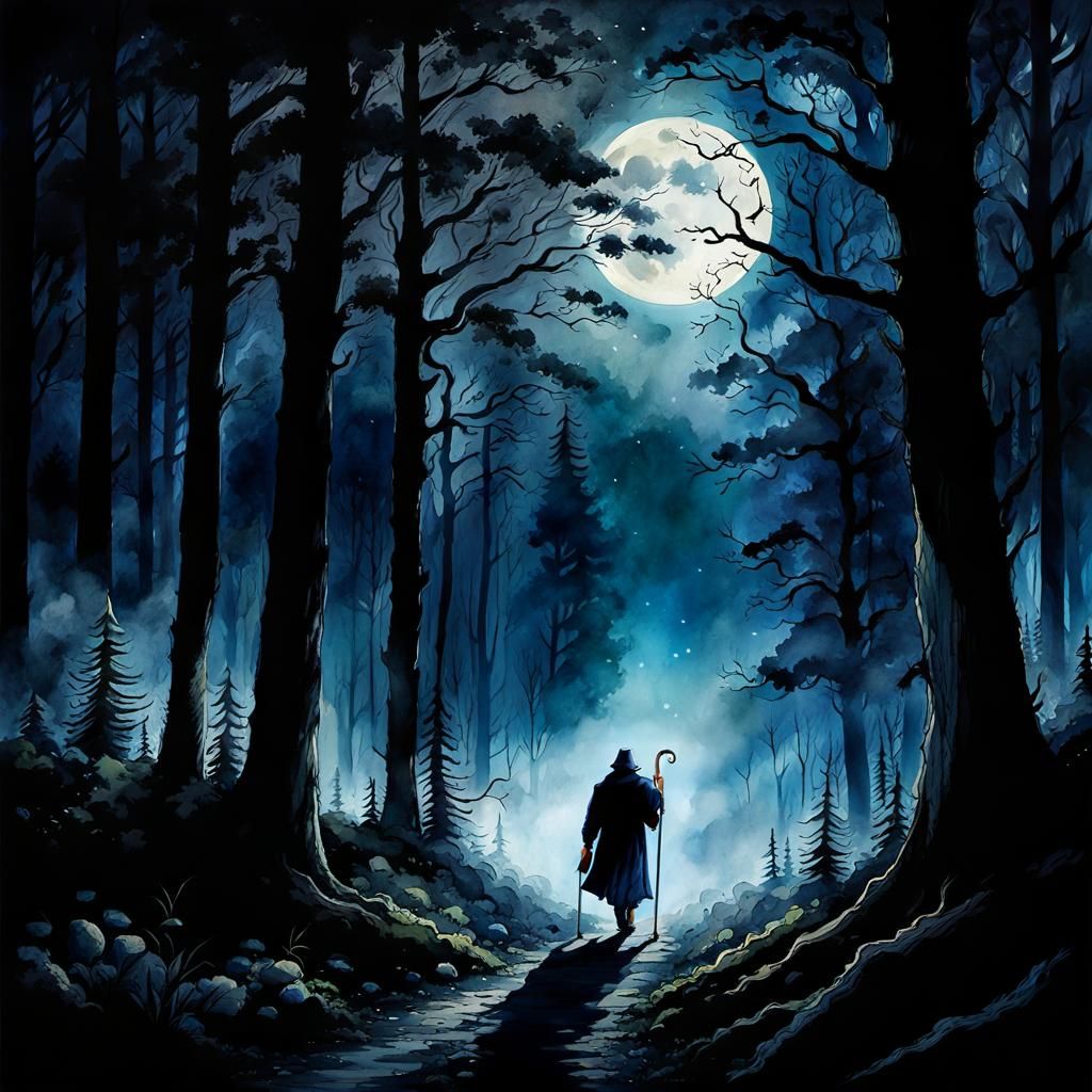 Moonlit Wanderer in Dark Forest: Watercolor Painting