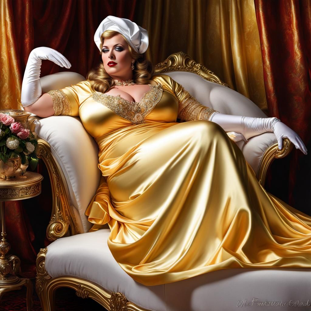 Realistic Artistic Sissy Satin Flamboyant Statuesque Glamorous Big Beautiful Women BBW Women relaxing supine on a Chaise...